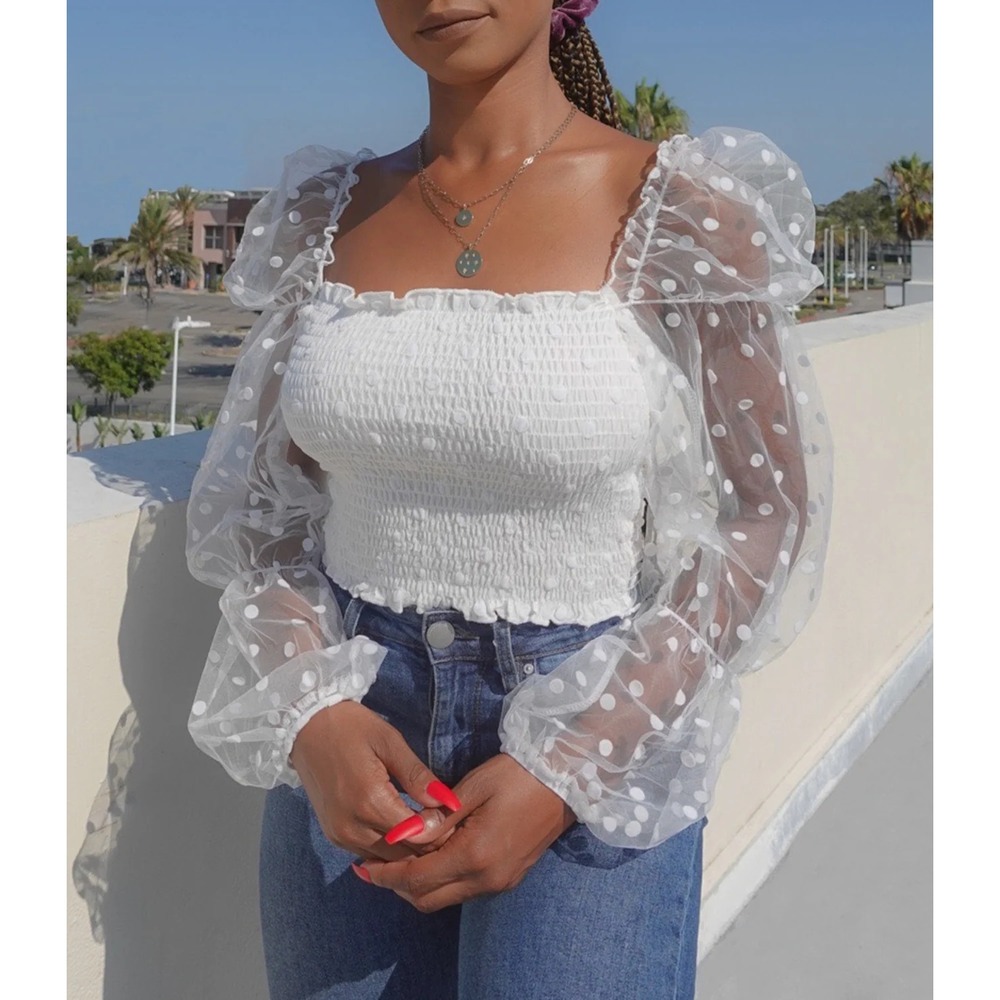O.Vianca Windsor White Swiss Dot Polka Dot Mesh Puff Sleeve Crop Top Size L NWT